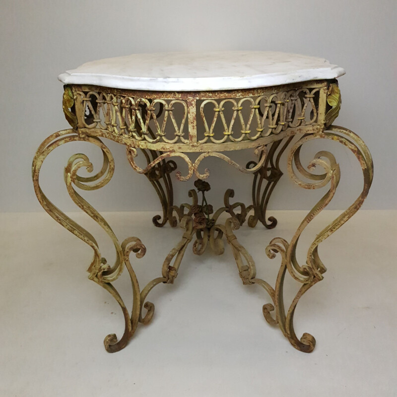 Vintage painted wrought iron & marble table, French 1890