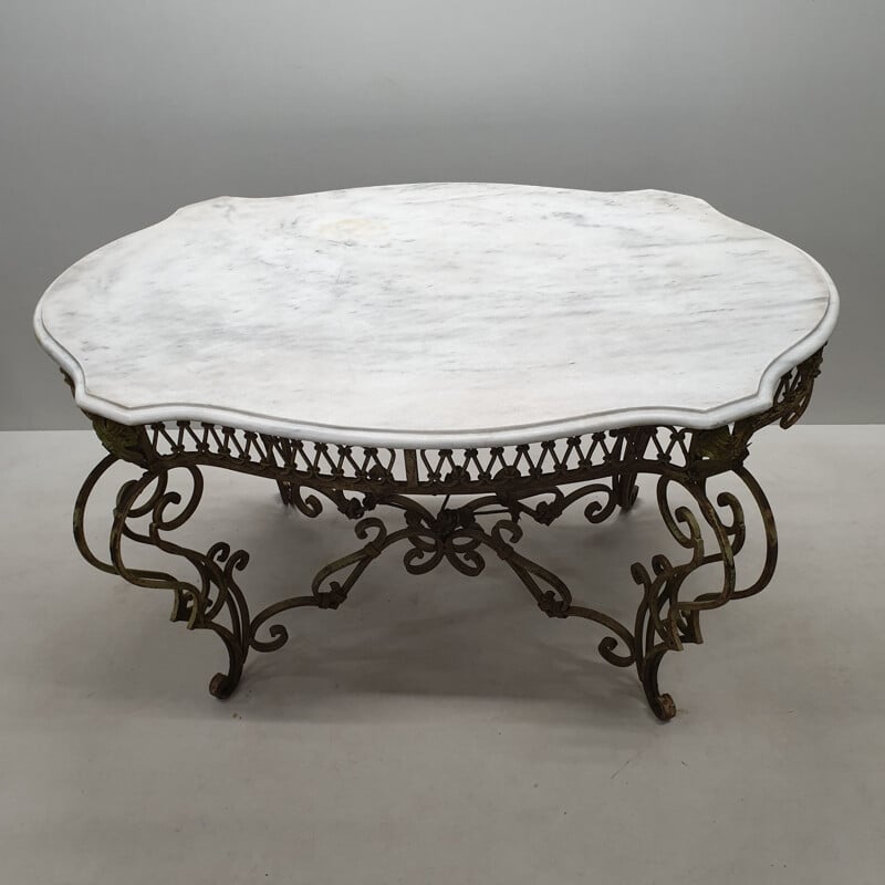 Table vintage en fer forgé et marbre peinte, française 1890
