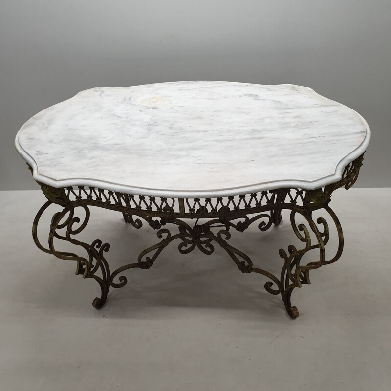 Vintage painted wrought iron & marble table, French 1890