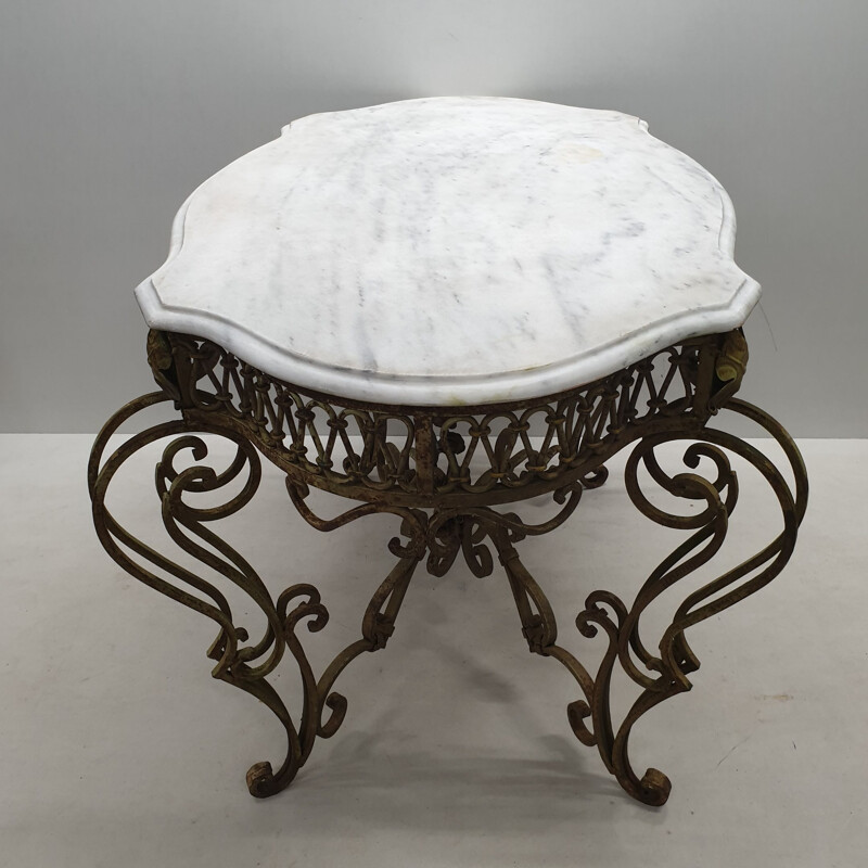 Vintage painted wrought iron & marble table, French 1890