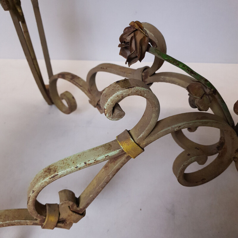 Vintage painted wrought iron & marble table, French 1890