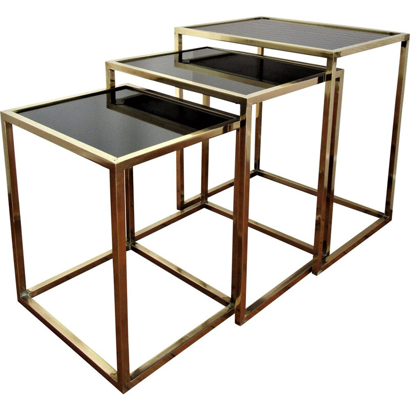 Set of 3 vintage brass and black glass Italian nesting tables 1960