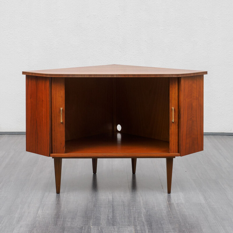 Vintage corner cabinet with tambour doors, walnut 1950s