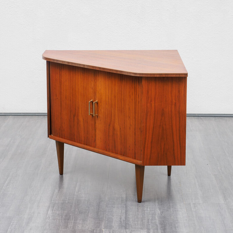 Vintage corner cabinet with tambour doors, walnut 1950s