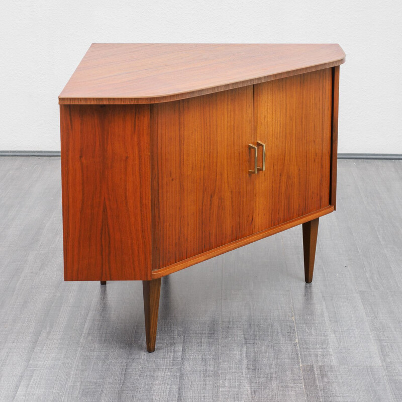 Vintage corner cabinet with tambour doors, walnut 1950s