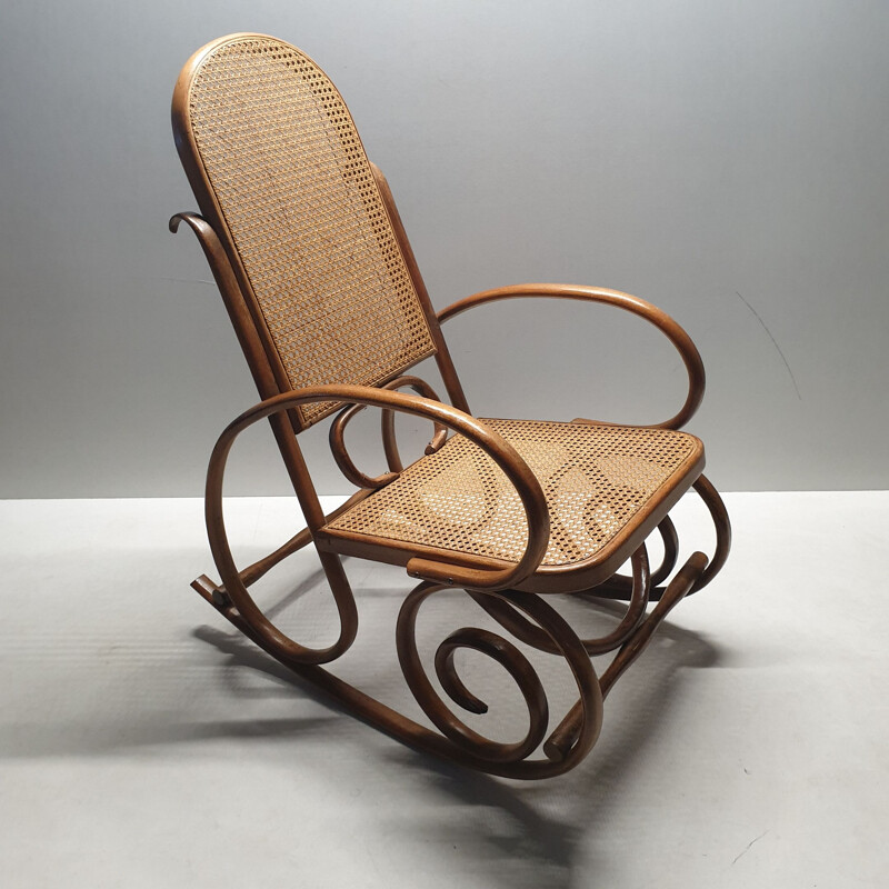 Rocking chair vintage en bois courbé et en toile par Thonet 1930