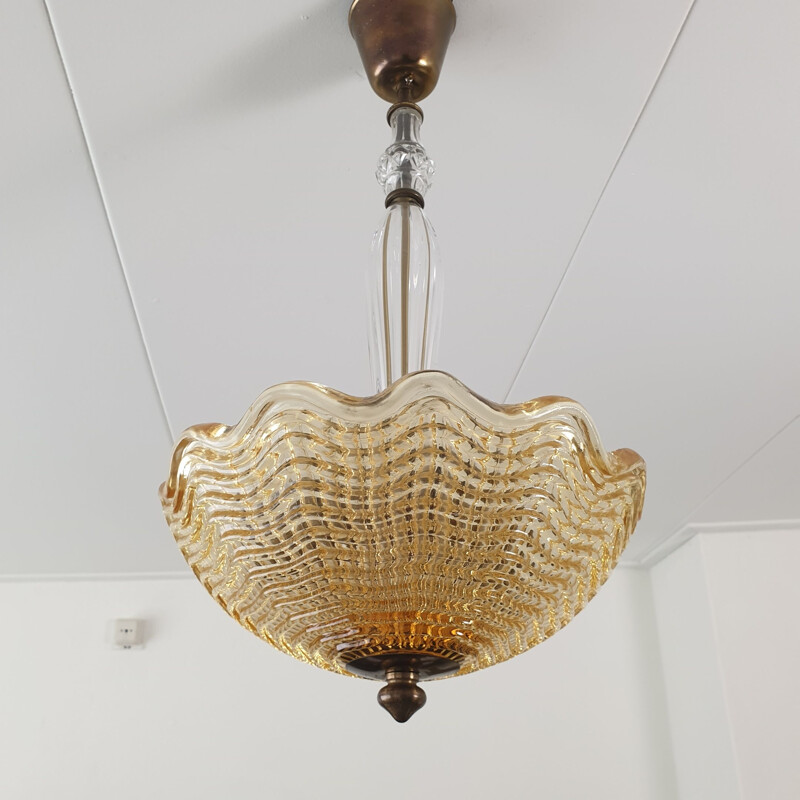 Vintage amber glass bowl chandelier by Carl Fagerlund for Orrefors, Art deco 1950s