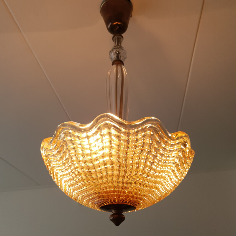 Vintage amber glass bowl chandelier by Carl Fagerlund for Orrefors, Art deco 1950s