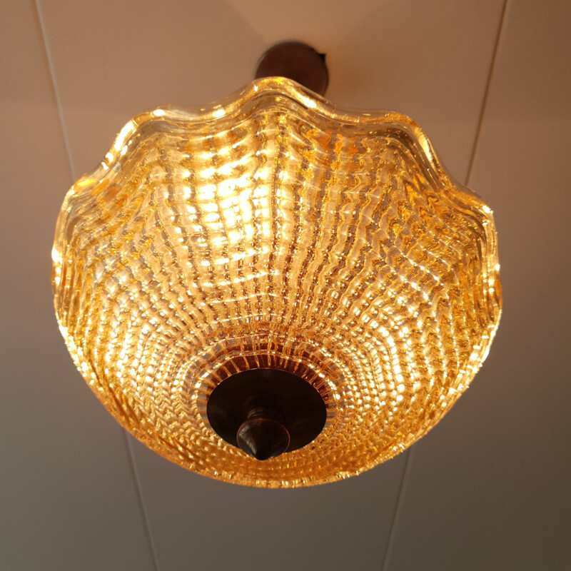 Vintage amber glass bowl chandelier by Carl Fagerlund for Orrefors, Art deco 1950s