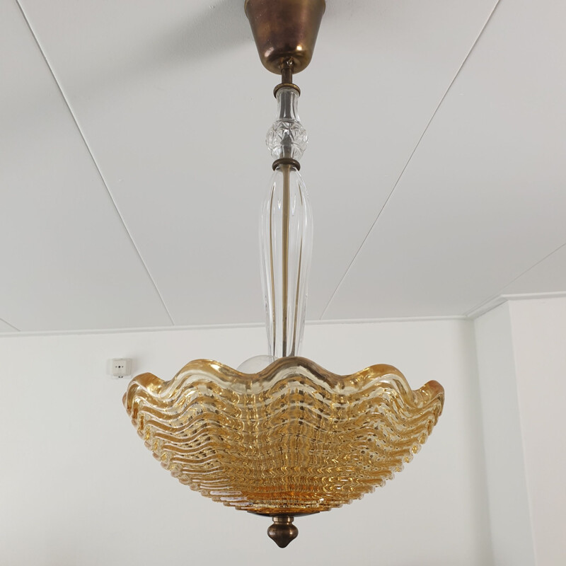 Vintage amber glass bowl chandelier by Carl Fagerlund for Orrefors, Art deco 1950s