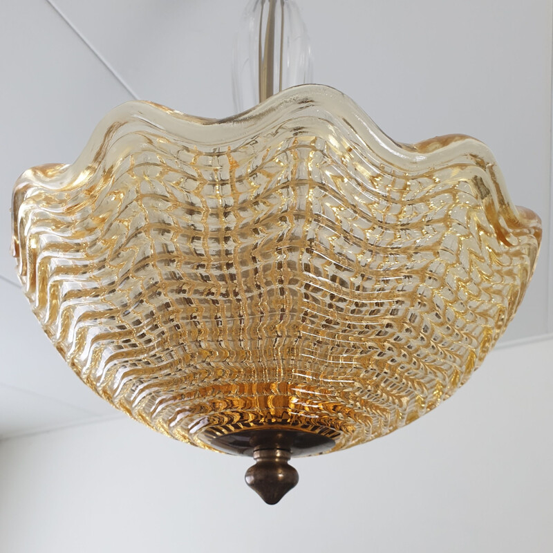 Vintage amber glass bowl chandelier by Carl Fagerlund for Orrefors, Art deco 1950s