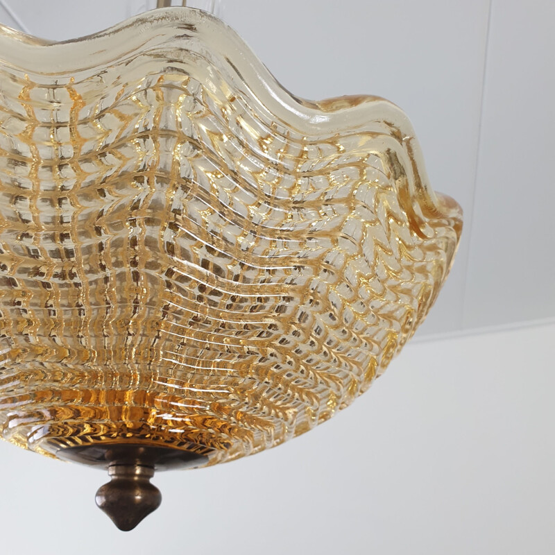 Vintage amber glass bowl chandelier by Carl Fagerlund for Orrefors, Art deco 1950s