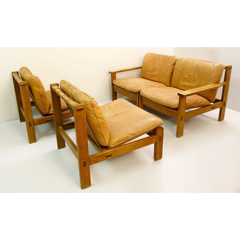 Vintage modular Brazilian style lounge in wood and leather with 4 seats