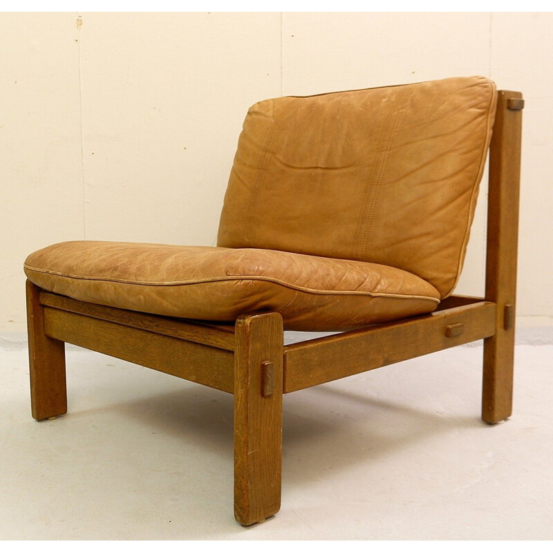 Vintage modular Brazilian style lounge in wood and leather with 4 seats