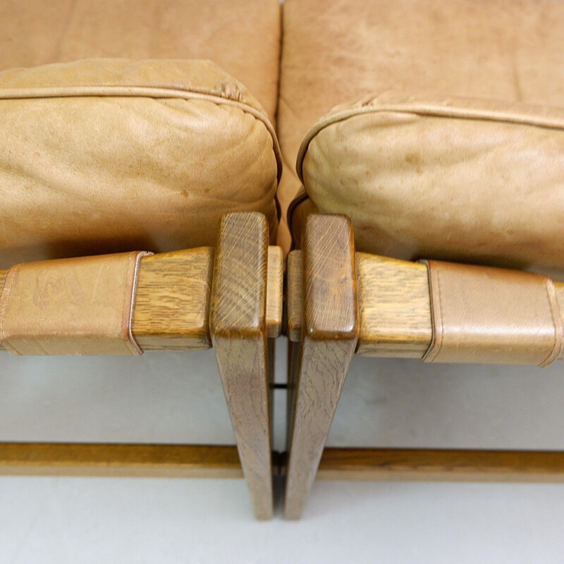 Salon vintage modulable de style brésilien en bois et cuir à 4 places