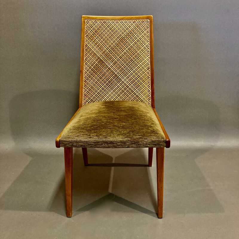 Ensemble de 6 chaises vintage rotin Hêtre  Velours 1950