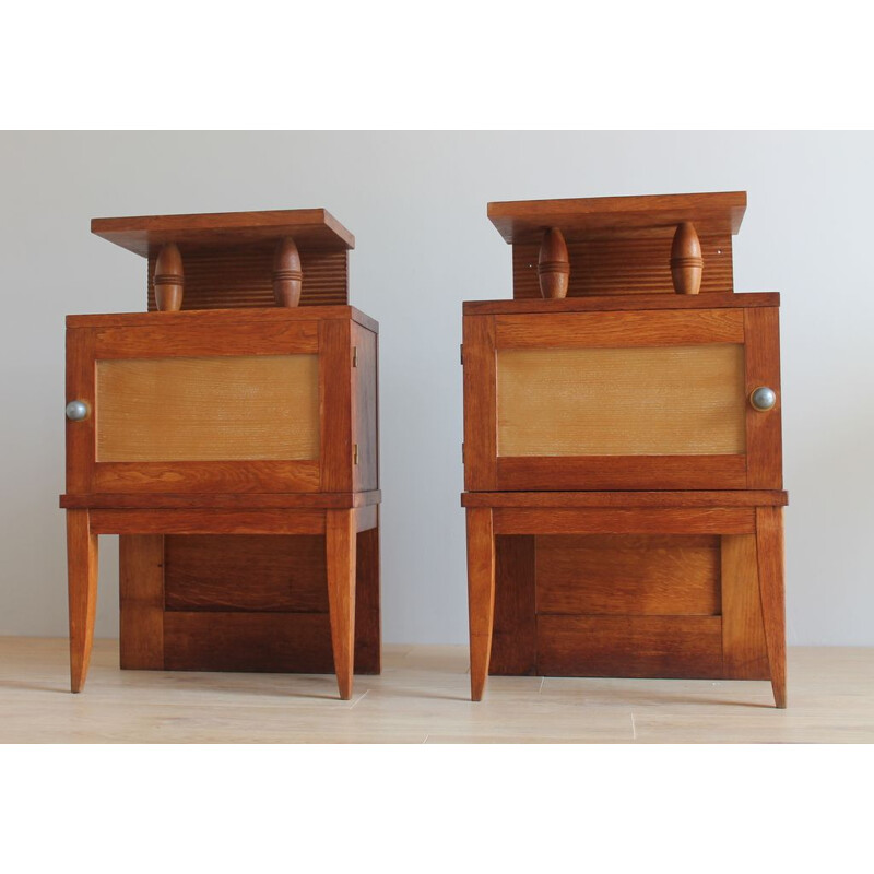 Pair of vintage solid oak bedside tables with 1960 brass handle