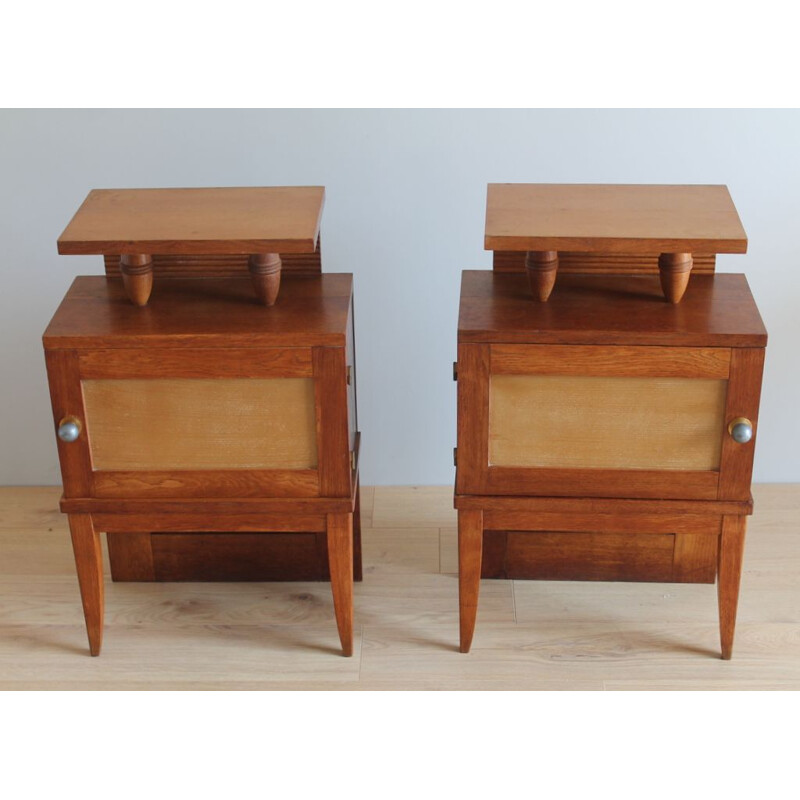 Pair of vintage solid oak bedside tables with 1960 brass handle