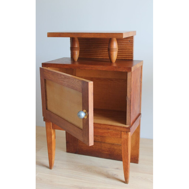 Pair of vintage solid oak bedside tables with 1960 brass handle
