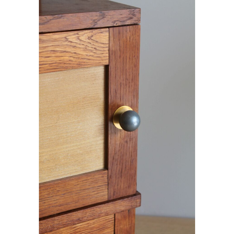 Pair of vintage solid oak bedside tables with 1960 brass handle