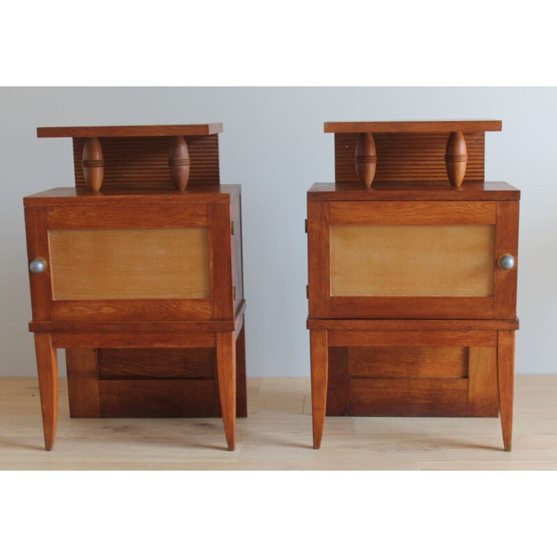 Pair of vintage solid oak bedside tables with 1960 brass handle