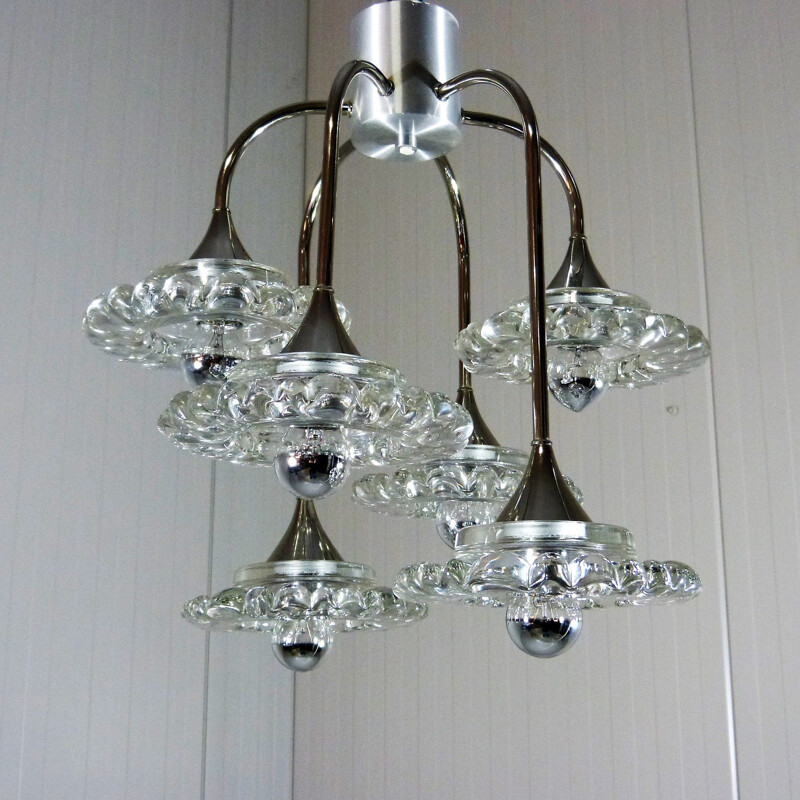 Vintage Glass & Chrome Plated Chandelier by Hillebrand, Germany 1960s