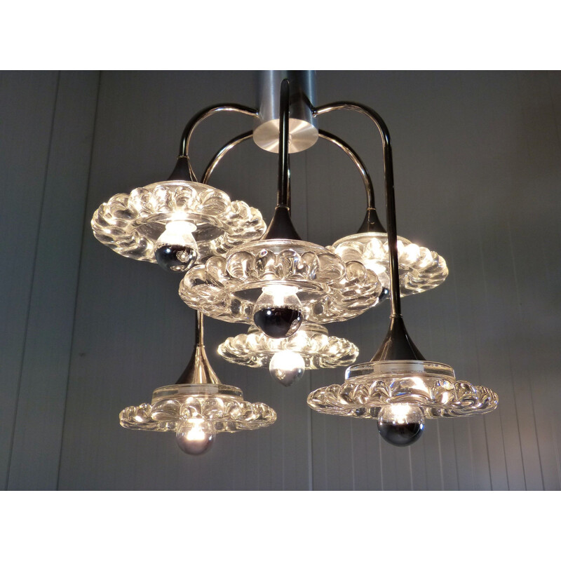 Vintage Glass & Chrome Plated Chandelier by Hillebrand, Germany 1960s