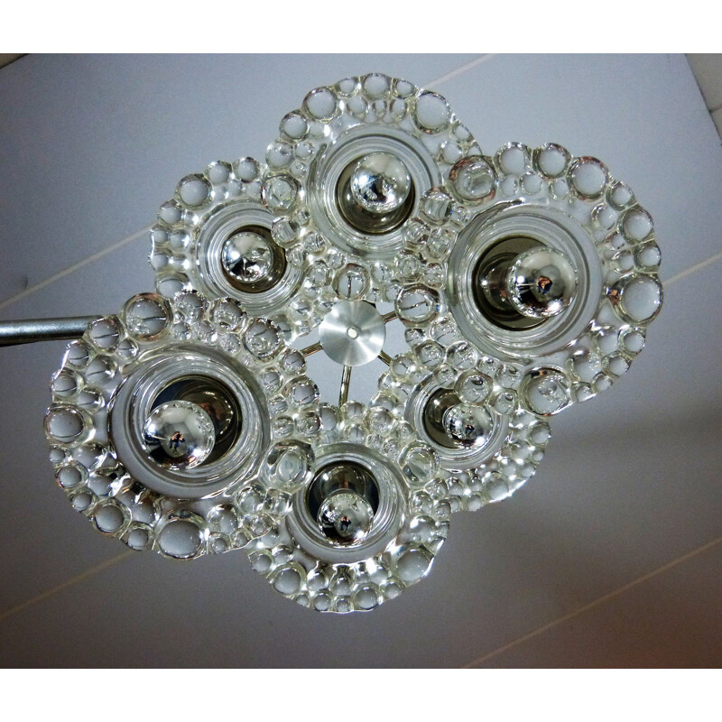 Vintage Glass & Chrome Plated Chandelier by Hillebrand, Germany 1960s