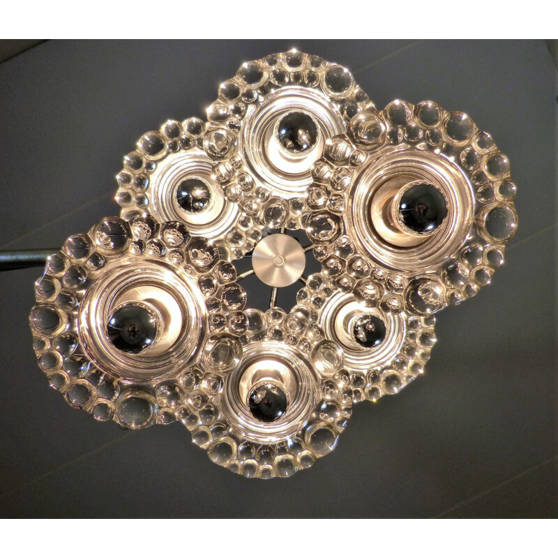 Vintage Glass & Chrome Plated Chandelier by Hillebrand, Germany 1960s