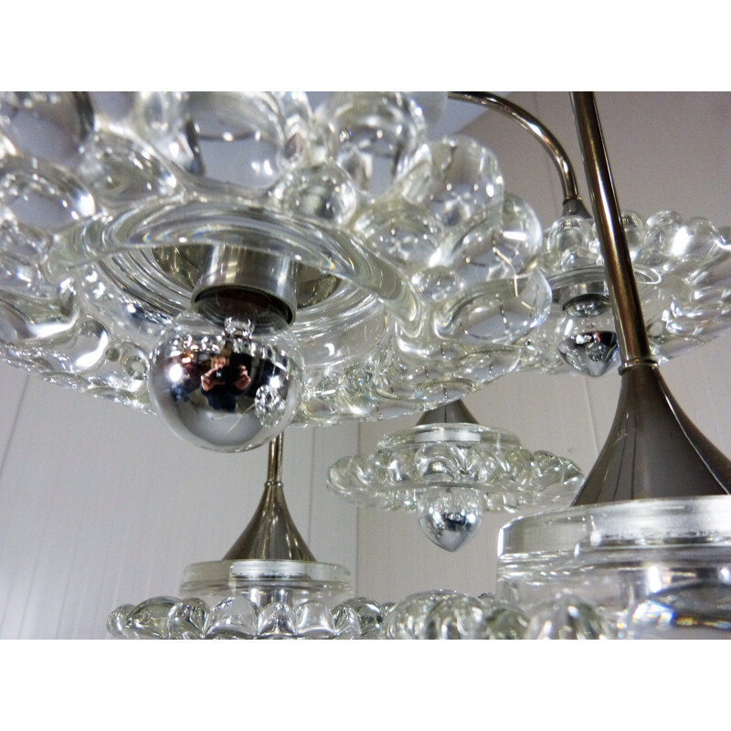 Vintage Glass & Chrome Plated Chandelier by Hillebrand, Germany 1960s