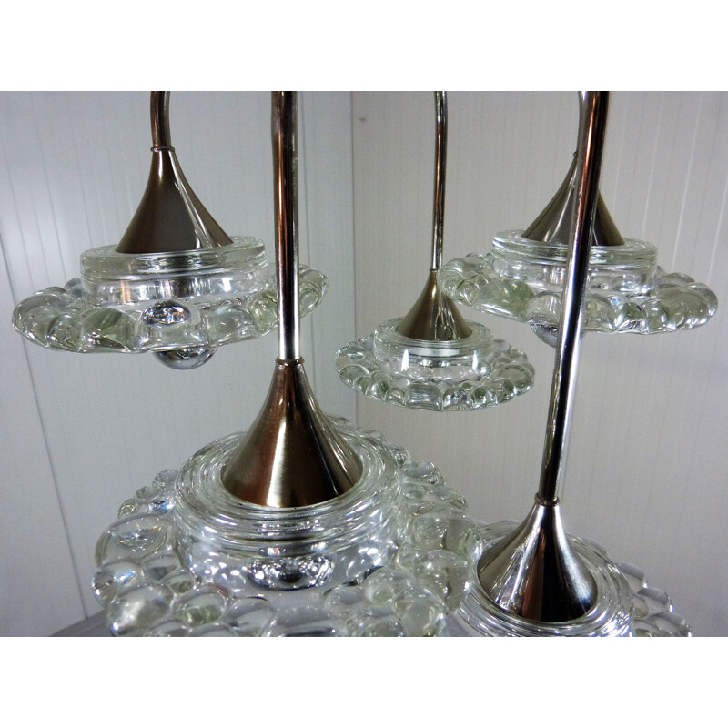 Vintage Glass & Chrome Plated Chandelier by Hillebrand, Germany 1960s