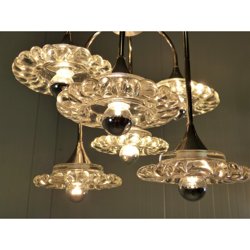 Vintage Glass & Chrome Plated Chandelier by Hillebrand, Germany 1960s