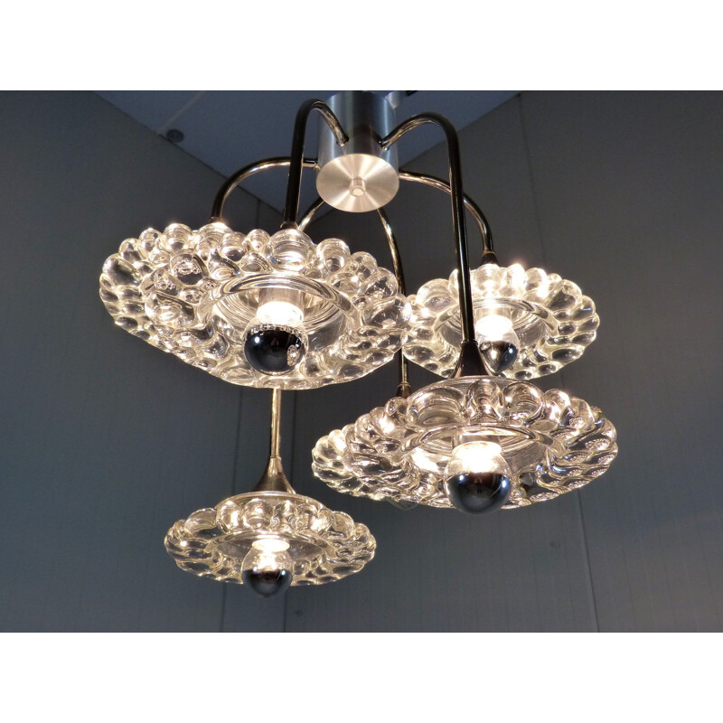 Vintage Glass & Chrome Plated Chandelier by Hillebrand, Germany 1960s