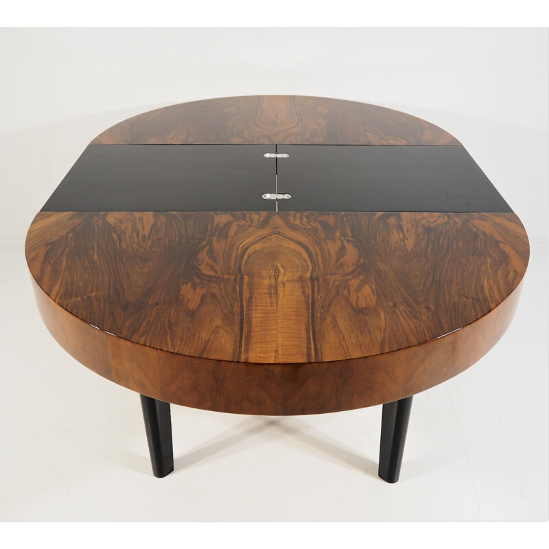 Vintage Dining Table, Art Deco Walnut Veneer Czechoslovakia 1960s