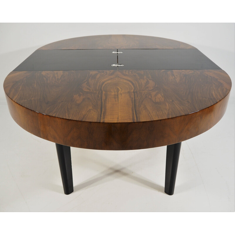 Vintage Dining Table, Art Deco Walnut Veneer Czechoslovakia 1960s