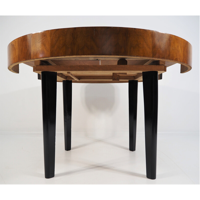 Vintage Dining Table, Art Deco Walnut Veneer Czechoslovakia 1960s