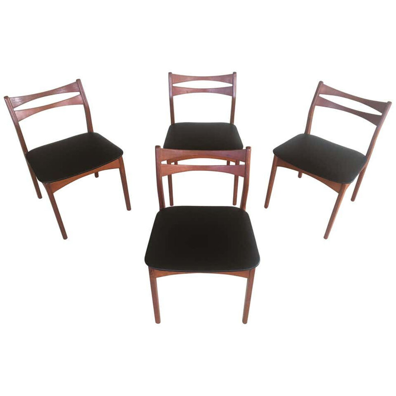 Juego de 4 sillas vintage de teca, tapizadas en piel sintética negra, Dinamarca, 1960