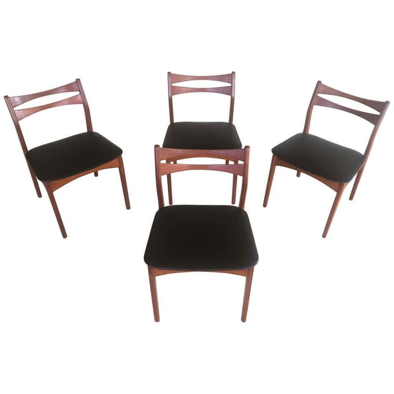 Conjunto de 4 cadeiras de teca vintage, estofadas em couro preto falso, Dinamarca, 1960
