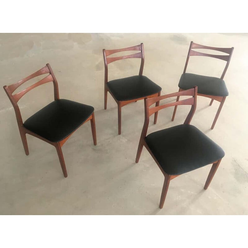Set of 4  vintage Teak Dining Chairs Reupholstered in Black Faux Leather Danish 1960s