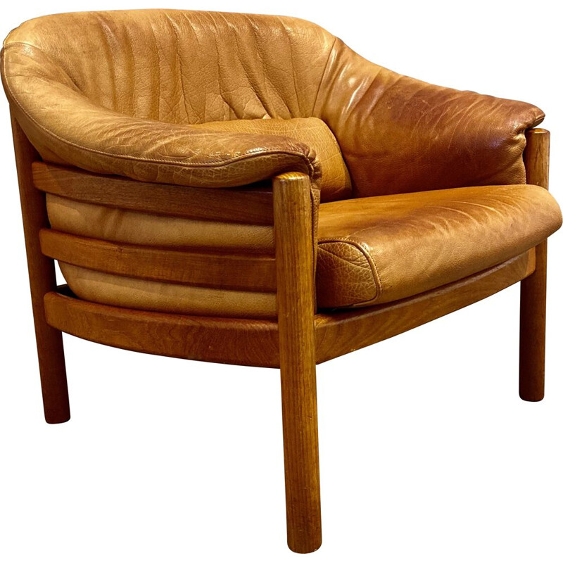 Vintage teak and Scandinavian leather armchair 1950