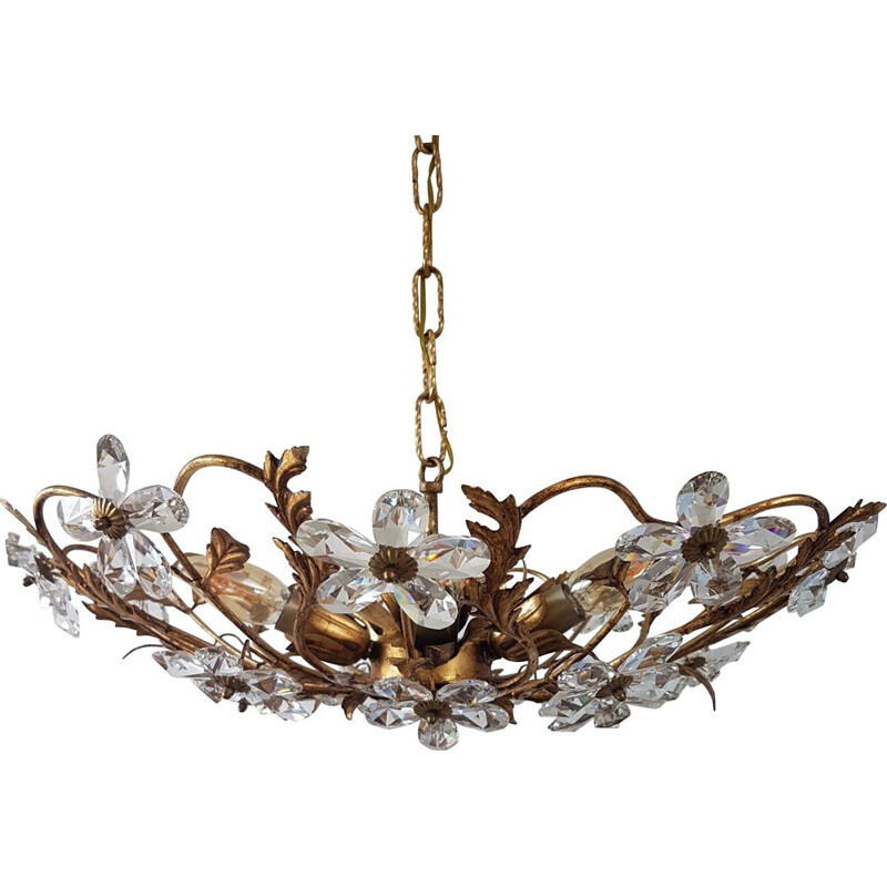 Vintage gold-colored chandelier Coco Chanel with crystal flowers, 1970s