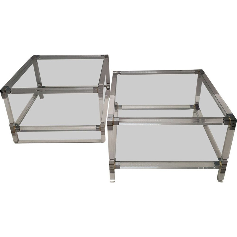 Pair of vintage 2-tiers side tables, lucite, gilt and chromed metal 1970s