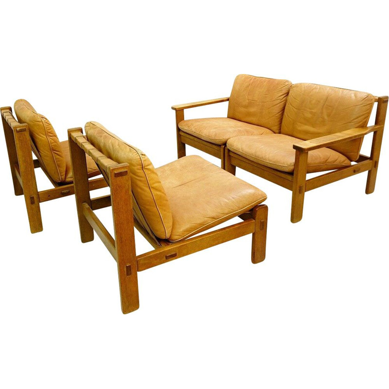 Vintage modular Brazilian style lounge in wood and leather with 4 seats