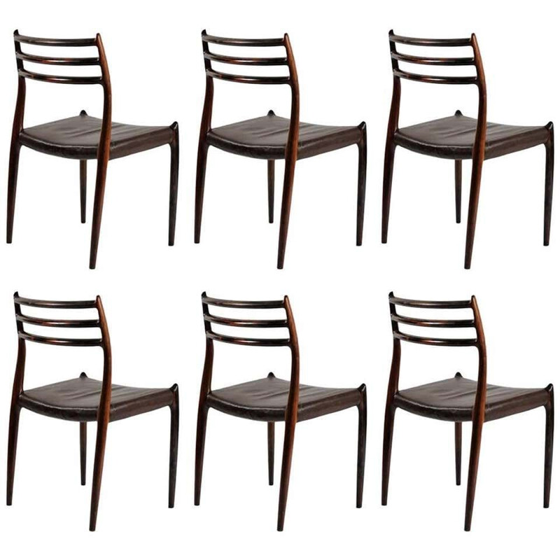 Set di 6 sedie vintage in legno di palissandro di N. O. Moller per J.L. Møllers Møbelfabrik, 1954