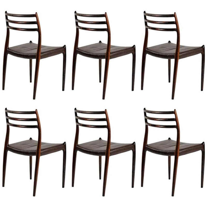 Set of 6 vintage rosewood chairs by N. O. Moller for J.L. Møllers Møbelfabrik, 1954