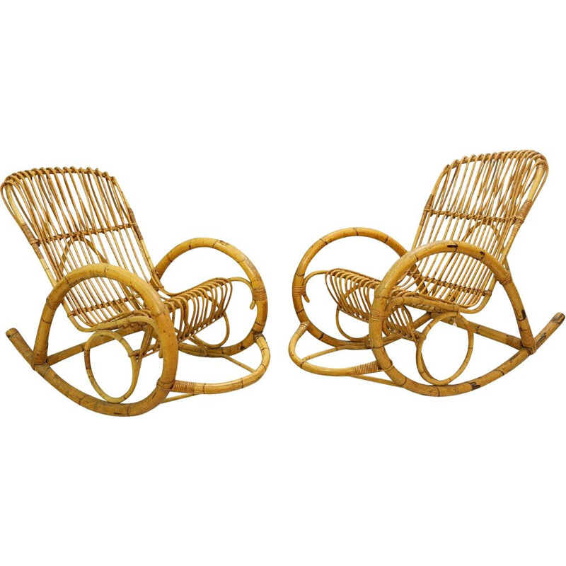 Pair of Vintage Rattan Rocking Armchairs by Rohe Noordwolde