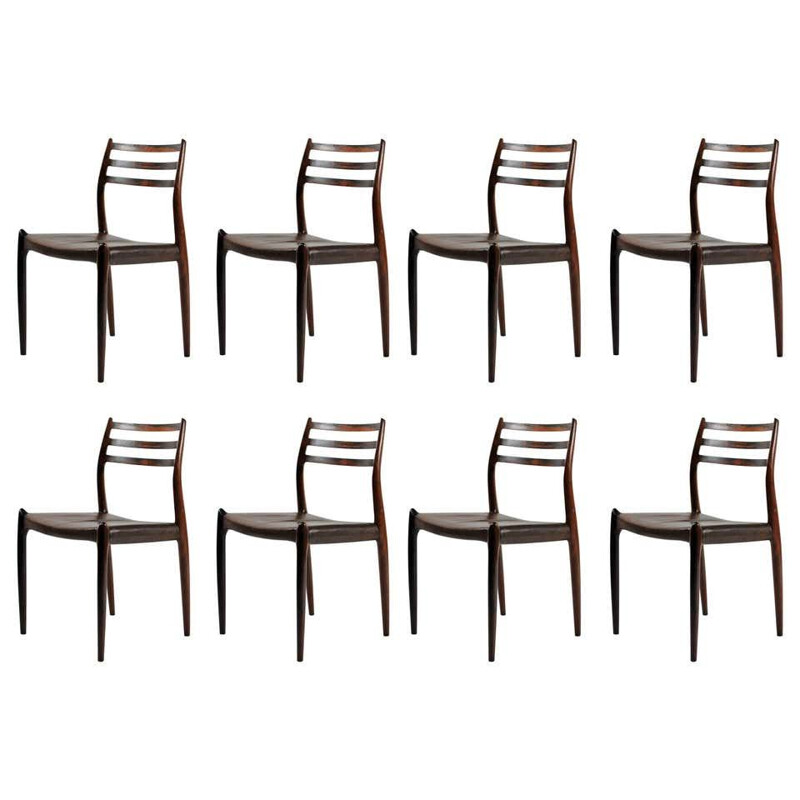 Set van 8 vintage stoelen model 78 in rozenhout Niels Moller - Inc. 1950