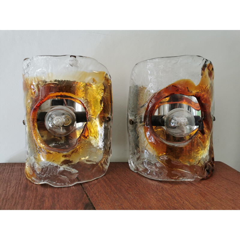 Pair of vintage Murano glass wall lights by Carlo Nason for Mazzega 1970