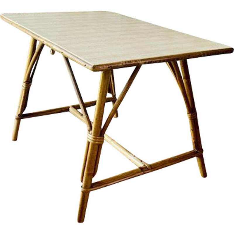 Table d'appoint vintage rustique, en bambou et en rotin 1960