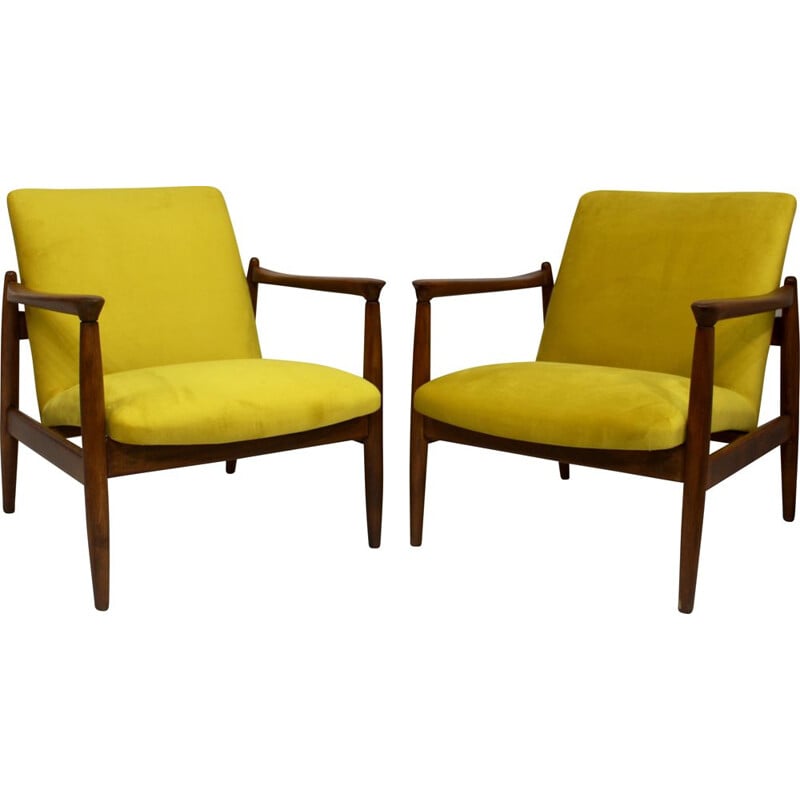 Pair of vintage armchairs GFM-142 Edmund Homa yellow velvet-like fabric 1960 